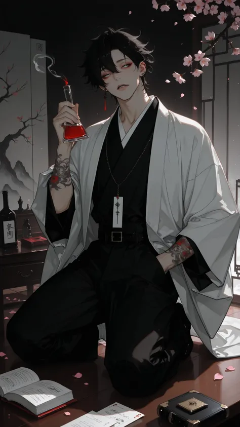 masterpiece, best quality, ultra-detailed:1.4, beautiful male alchemist, wearing elegant haori over kimono, long black hair tied back, holding glowing flask that illuminates his face, sitting in seiza position under sakura tree, cherry blossom petals falli...