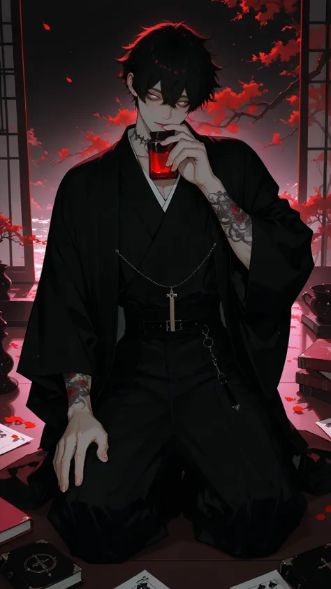 masterpiece, best quality, ultra-detailed:1.4, beautiful male alchemist, wearing elegant haori over kimono, long black hair tied back, holding glowing flask that illuminates his face, sitting in seiza position under sakura tree, cherry blossom petals falli...