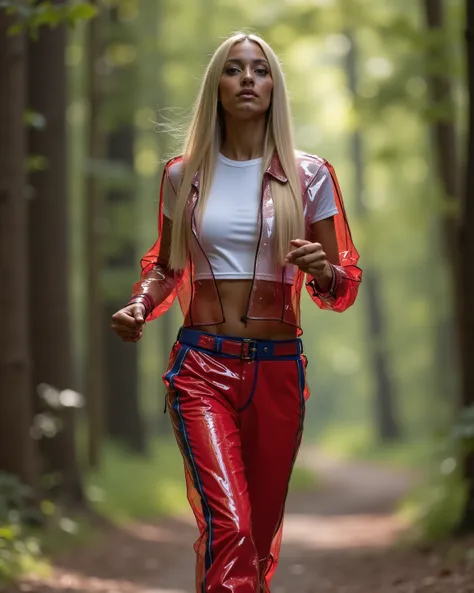 a 40 year old black woman that is tall and thin with long blond hair wearing red and blue striped latex pants, wearing a white tshirt, running in a forest, wearing a pradarctrans2003 that has red trim translucent vinyl, the woman is sweating heavily on a s...