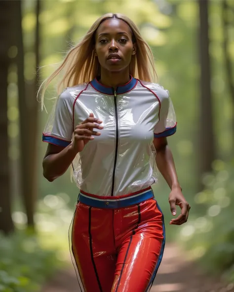 a 40 year old black woman that is tall and thin with long blond hair wearing red and blue striped latex pants, wearing a white tshirt, running in a forest, wearing a pradarctrans2003 that has red trim translucent vinyl, the woman is sweating heavily on a s...