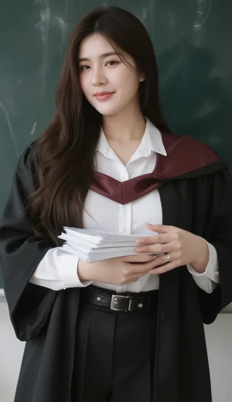 A portrait image shows a young Korean-Thai woman standing in a sophisticated lecture room.
She has a long, fluffy haircut, showing off her narrow forehead. She has a voluptuous figure. She is chubby-sexy. She has a soft black hair colour. She wears a grad...
