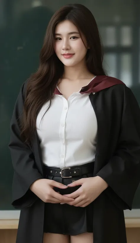 A portrait image shows a young Korean-Thai woman standing in a sophisticated lecture room.
She has a long, fluffy haircut, showing off her narrow forehead. She has a voluptuous figure. She is chubby-sexy. She has a soft black hair colour. She wears a grad...
