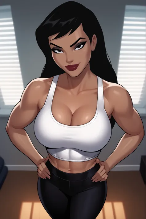 BREAK, score_6_up, score_7_up, score_8_up, score_9, 1girl, solo, Drlight, long hair, black hair, black eyes, lipstick, makeup, dark-skinned female,  large breasts, busty, cleavage, curvy, athletic, midriff, looking at viewer, seducing viewer, teasing viewe...