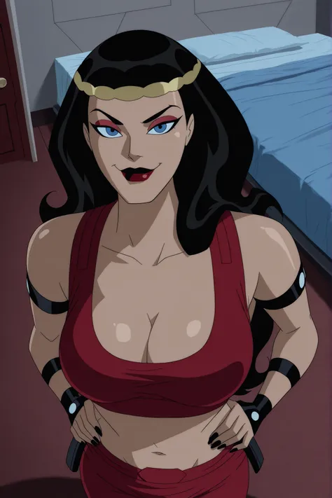 BREAK, score_6_up, score_7_up, score_8_up, score_9, b1gb4rd4, 1girl, solo, long hair, breasts, blue eyes, black hair, jewelry, hairband, dark red lips, lipstick, makeup, black nails, large breasts, busty, cleavage, curvy, athletic, looking at viewer, seduc...