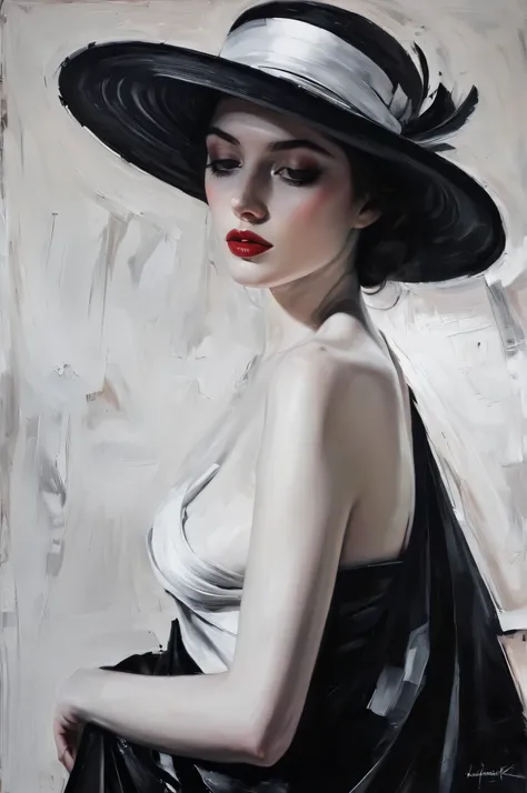 chiaroscuro technique on sensual illustration of an elegant glamour a girl with elegant hat black and white barcode generates the subtitles, vintage beauty, eerie, the model draped in flowing, thick oil painting, by Hannah Dale, by Harumi Hironaka, extrem...