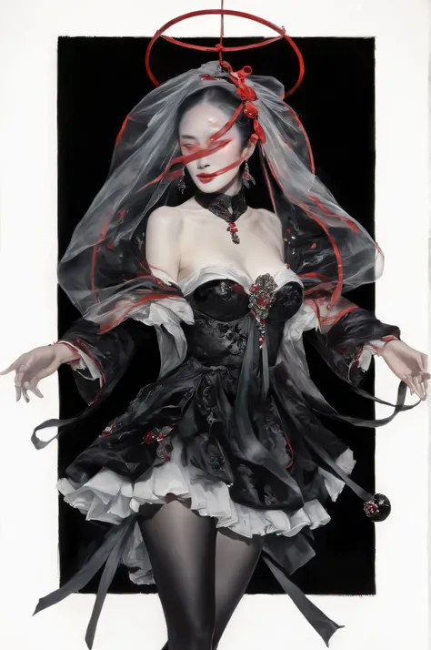 An exquisitely dressed figure is adorned with elaborate accessories and intricate fabrics, creating a mysterious and opulent atmosphere. Their hand, elegantly poised near their mouth, showcases long, black nails and wears an elaborate bracelet adorned with...