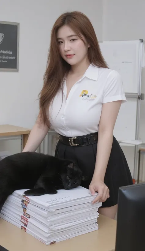 A portrait photograph shows a young Korean-Thai woman standing in a classroom at the University of Westminster in London.
She has a long, fluffy haircut that shows off her narrow forehead. She has a voluptuous figure. She is chubby-sexy. She has a cherry...