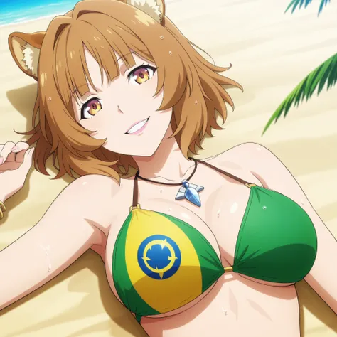 Raphalia, from The Rising of the Shield Hero, is an older, more villainous version of herself, with short hair, yellow eyes, an arrogant smile, and painted lips. She has a slender figure and large breasts. She wears a bikini with the green and yellow Brazi...