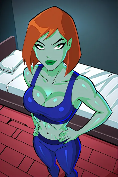 BREAK, score_6_up, score_7_up, score_8_up, score_9, 1girl, solo, green skin, green eyes, orange hair, green lipstick, makeup, Megan, superhero, large breasts, busty, cleavage, curvy, athletic, looking at viewer, seducing viewer, teasing viewer, seductive e...