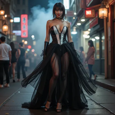 masterpiece, Ultra HD, Realistic, dramatic fashion scene, stylish punk hairstyle, an ultra-long extravagant black and white couture dress streaming in the back, cloth that flutters in the wind, cinematic lighting, late at night city streets,bold fashion re...