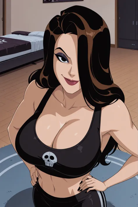 BREAK, score_6_up, score_7_up, score_8_up, score_9, 1girl, solo, long hair, black hair, brown hair, hair over one eye, black eyes, lipstick, makeup, t4lb4t, large breasts, busty, cleavage, curvy, athletic, looking at viewer, seducing viewer, teasing viewer...