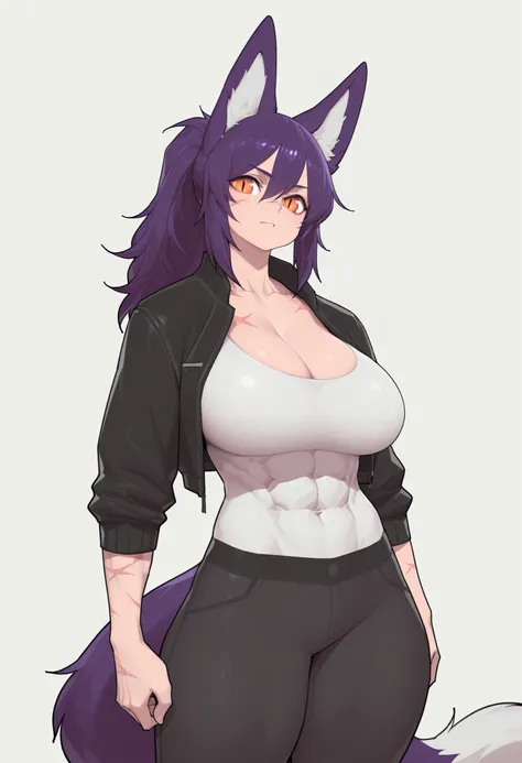 gorgeous kitsune girl, beautiful face, kitsune, purple color hair, hunter girl, orange eyes, slit pupils, volputrous body, covered breasts, curvy and athletic, fox ears, ponytail hair, black jacket, black pants, fox tail, strong female, abs, cleavage, scar...