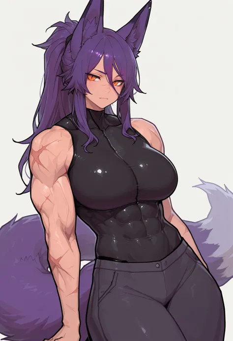 gorgeous kitsune girl, beautiful face, kitsune, purple color hair, hunter girl, orange eyes, slit pupils, detailed eyes, personalami style, volputrous body, covered breasts, curvy and athletic, kitsune ears, ponytail hair, fox tail, lean muscles, black bod...