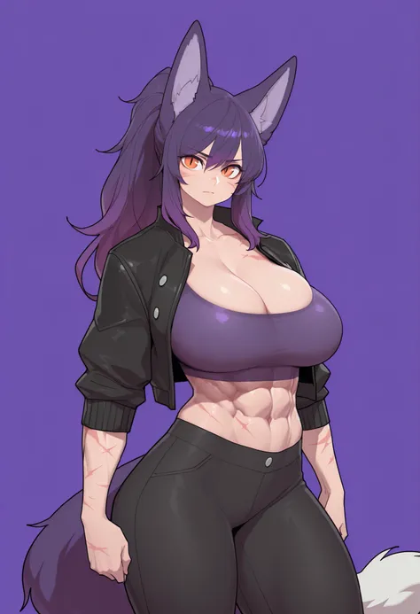gorgeous kitsune girl, beautiful face, kitsune, purple color hair, hunter girl, orange eyes, slit pupils, volputrous body, covered breasts, curvy and athletic, fox ears, ponytail hair, black jacket, black pants, fox tail, strong female, abs, cleavage, scar...