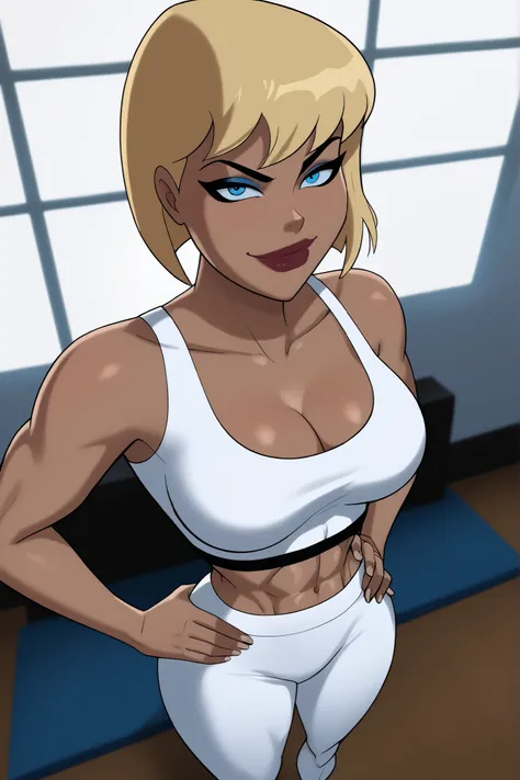 BREAK, score_6_up, score_7_up, score_8_up, score_9, g4l4t3a, 1girl, solo, short hair, bangs, blue eyes, blonde hair, lipstick, makeup, dark skin, dark-skinned female, large breasts, busty, cleavage, curvy, athletic, muscular female, looking at viewer, sedu...