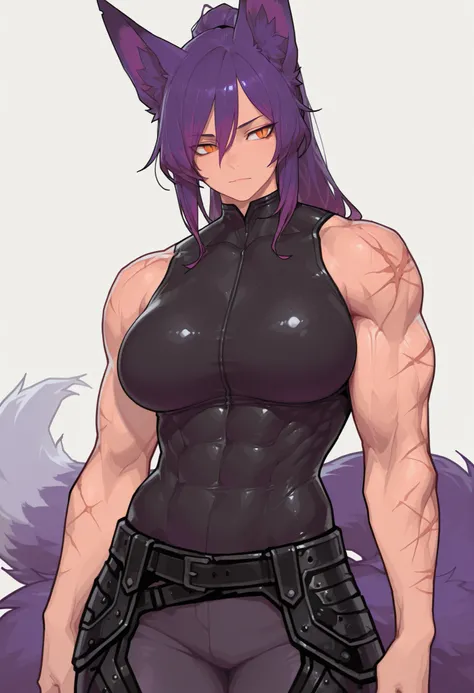 gorgeous kitsune girl, beautiful face, kitsune, purple color hair, hunter girl, orange eyes, slit pupils, detailed eyes, personalami style, volputrous body, covered breasts, curvy and athletic, kitsune ears, ponytail hair, fox tail, lean muscles, black bod...