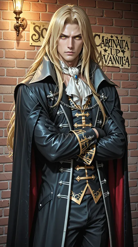 score_9, score_8_up, score_7_up, score_6_up, score_5_up, score_4_up, zPDXL2,source_anime,rating_questionable, 1boy, alucard_castlevania, long hair, cape, ascot, yellow eyes, black gloves, black pants, coat, , brick wall with golden graffiti at backgroun...