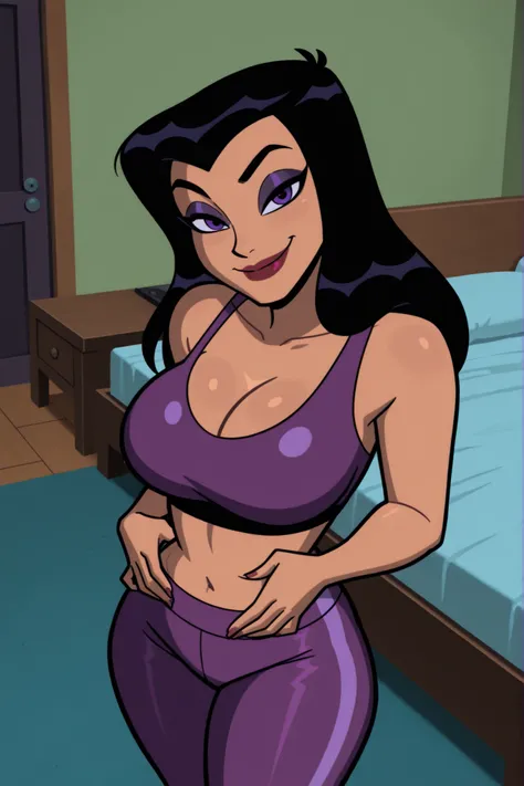 BREAK, score_8_up, score_7_up, score_6_up, score_9, h00nt33s 1girl, solo, long hair, large breasts, smile, black hair, purple eyes, makeup, lipstick, cleavage, curvy, athletic, looking at viewer, seducing viewer, teasing viewer, indoors, bedroom, standing,...