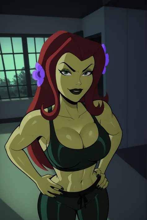 2d, score_9, score_8_up, score_7_up, score_6_up, flower, BREAK, 1girl, solo, standing, red hair, PIVYbatb, green skin, cleavage, curvy, athletic, makeup, smile, closed mouth, large breasts, long hair, black lips, hair ornament, seductive expression, bedroo...