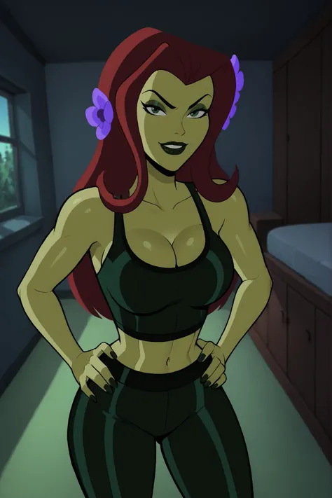 2d, score_9, score_8_up, score_7_up, score_6_up, flower, BREAK, 1girl, solo, standing, red hair, PIVYbatb, green skin, cleavage, curvy, athletic, makeup, smile, closed mouth, large breasts, long hair, black lips, hair ornament, seductive expression, bedroo...