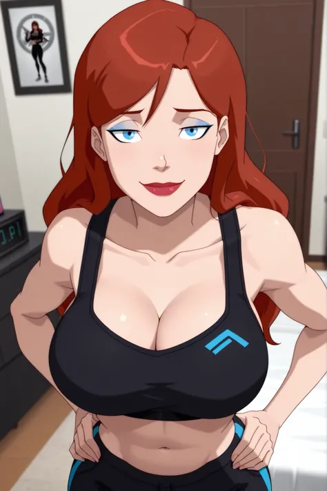 BREAK, score_6_up, score_7_up, score_8_up, score_9, 1girl, solo, b4rb4r4-b4t, blue eyes, long hair, red hair, brown hair, lipstick, makeup, large breasts, busty, cleavage, curvy, athletic, looking at viewer, seducing viewer, teasing viewer, seductive expre...