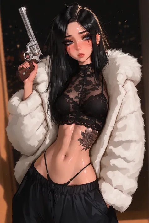 masterpiece, best quality, very aesthetic, movie quality, depth of field, soft saturation, focused subject, ,official style, shiny skin,1girl, messy emo hair, long black hair,  blue eyes, forehead, tattoos, feline eyeliner, big eyelashes, e-girl, slender b...