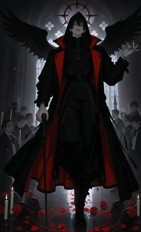 masterpiece, best quality, ultra-detailed:1.4, 8k, gothic parade, dramatic atmosphere,
1man, male, solo, androgynous beauty, wearing a full-face silver mask with slits for eyes, long black cloak with celestial patterns, leading the parade with a raised st...