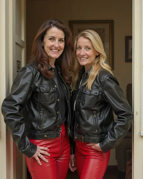 two 44 year old women, middle aged, white and black skin, one has long brown wavy hair and the other is blonde with straight hair and blue eyes, both of them in dark red rubber pants, wearing black shiny  vintage leather brit1960smoto british motorcycle ja...