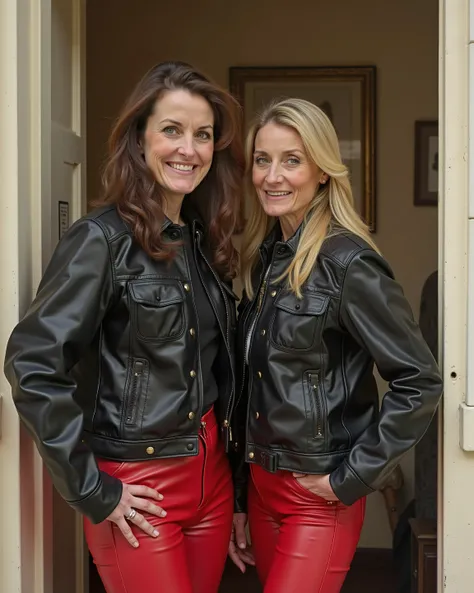 two 44 year old women, middle aged, white and black skin, one has long brown wavy hair and the other is blonde with straight hair and blue eyes, both of them in dark red rubber pants, wearing black shiny  vintage leather brit1960smoto british motorcycle ja...