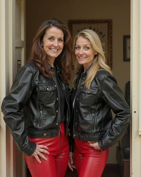 two 44 year old women, middle aged, white and black skin, one has long brown wavy hair and the other is blonde with straight hair and blue eyes, both of them in dark red rubber pants, wearing black shiny  vintage leather brit1960smoto british motorcycle ja...
