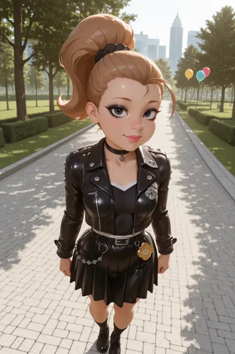 Luan Loud. small breasts, medium hips, slender body, light brown hair ponytail, hair tie, long hair, black eyes. pink lips, choker . | full body, looking at viewer, A goth punk girl in a rugged, ,a raw photograph of a large helium filled (B41100n balloon:1...