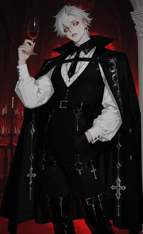 masterpiece, best quality, ultra-detailed:1.4, gothic parade, baroque extravaganza,
1man, male, solo, wild silver hair, kohl-rimmed heterochromia eyes (one gold, one silver),
wearing elegant black velvet frock coat with silver embroidery, ruffled white s...