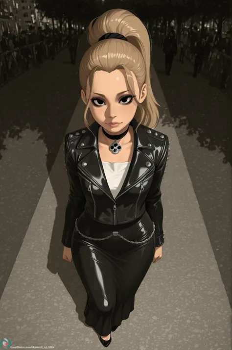 Luan Loud. small breasts, medium hips, slender body, light brown hair ponytail, hair tie, long hair, black eyes. pink lips, choker . | full body, looking at viewer, A goth punk girl in a rugged, ,a raw photograph of a large helium filled (B41100n balloon:1...