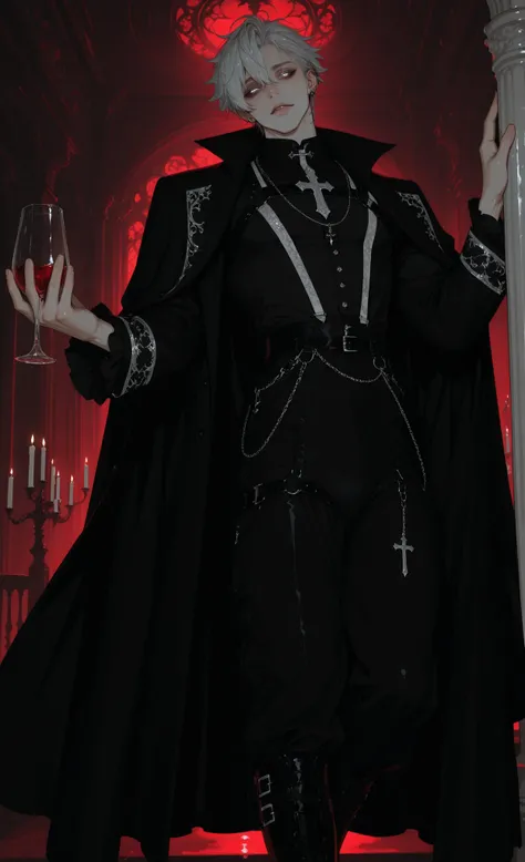 masterpiece, best quality, ultra-detailed:1.4, gothic parade, baroque extravaganza,
1man, male, solo, wild silver hair, kohl-rimmed heterochromia eyes (one gold, one silver),
wearing elegant black velvet frock coat with silver embroidery, ruffled white s...