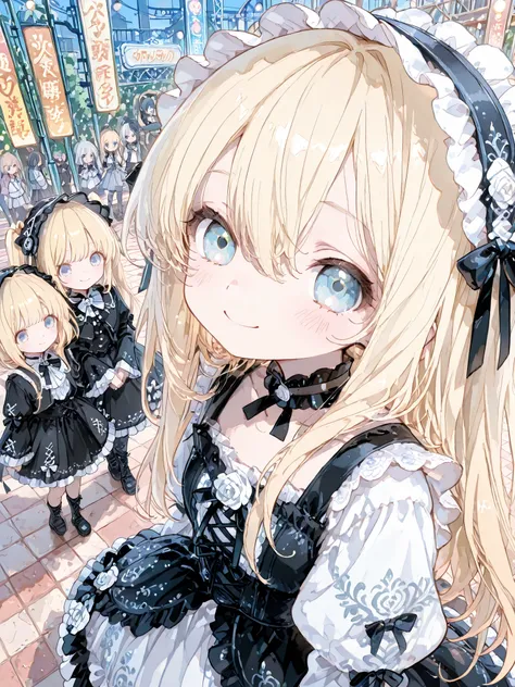 masterpiece,and above; the highest quality,very detailed,8k, anime style、, ((Group of girls))、 Alignment、Alignment、March,, detailed eyes, Long Rush、blue eyes、 、 Long blonde hair、 Gothic Lolita Fashion against the backdrop of the Old Roman Era 、cute fac...