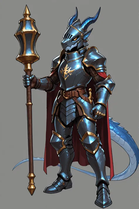 WarlockMaster, winged helmet, helm, pauldrons, mecha copper exoskeleton, shoulder armor, armor, full armor, cape, gauntlets, brown belt,pointed ears, long draconic snout, lean physique, kobold, blue scales, great gray horns, highly detailed, best quality, ...