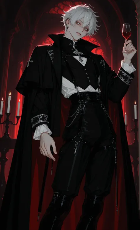 masterpiece, best quality, ultra-detailed:1.4, gothic parade, baroque extravaganza,
1man, male, solo, wild silver hair, kohl-rimmed heterochromia eyes (one gold, one silver),
wearing elegant black velvet frock coat with silver embroidery, ruffled white s...