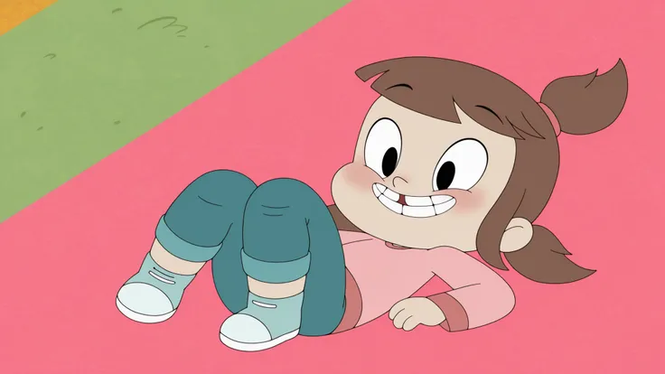 a_ey, missing tooth, 1girl, black eyes, brown hair, bangs, ponytails, high ponytail, elastic band,longsleeve, pants, sneakers, (folded:1.5), looking at viewer, embarrassed, happy,