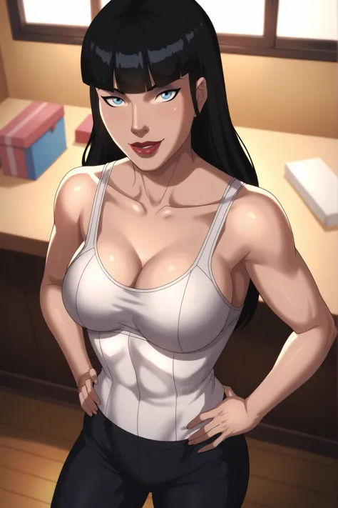 BREAK, score_6_up, score_7_up, score_8_up, score_9, zatannadark, 1girl, solo, black hair, long hair, large breasts, blue eyes, cleavage, blunt bangs, curvy, athletic, lipstick, makeup, ((looking at viewer)), seducing viewer, teasing viewer, smile, closed m...