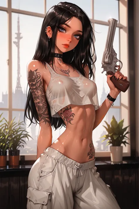 skinny, full-body-goth-tattoo, masterpiece, best quality, very aesthetic, movie quality, depth of field, soft saturation, focused subject, ,official style, shiny skin,1girl, goth long hair, long black hair,  gray-blue eyes, forehead, tattoos, feline eyelin...