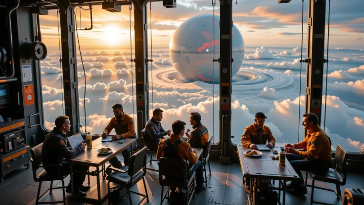 Interior shot of a gas mining station's communal area where workers relax after shifts. Large observation windows frame the magnificent gas giant planet outside. Workers in utilitarian jumpsuits share meals and stories. Futuristic but lived-in environment ...