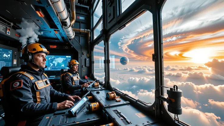 Close-up view of gas miners with determined expressions working inside a high-tech control room aboard a space station. Holographic displays show data from the gas giant below. Through massive reinforced windows, the swirling multicolored atmosphere of the...