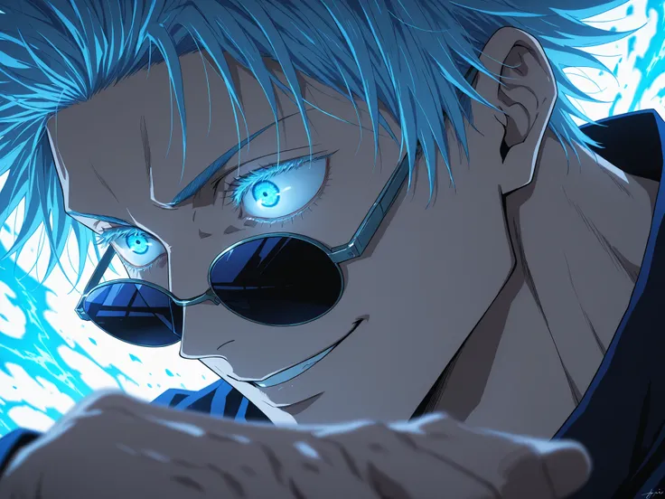 Close-up anime-style of Gojo Satoru from Jujutsu Kaisen with his signature bright glowing blue eyes exposed, lifting his round black sunglasses slightly with one hand, attack power blue playful aura glow, both exude a stylish and playful aura, Gojo has whi...