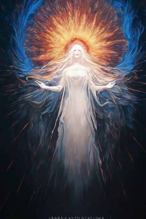 1 goddess, solo, light silhouette body, (wearing the simple design dress, transparent costume, flowing fabric), aerial, the embodiment of the light of a million suns, come down, open hands, open palms, the majestic halo that almost feels insane, overwhelmi...