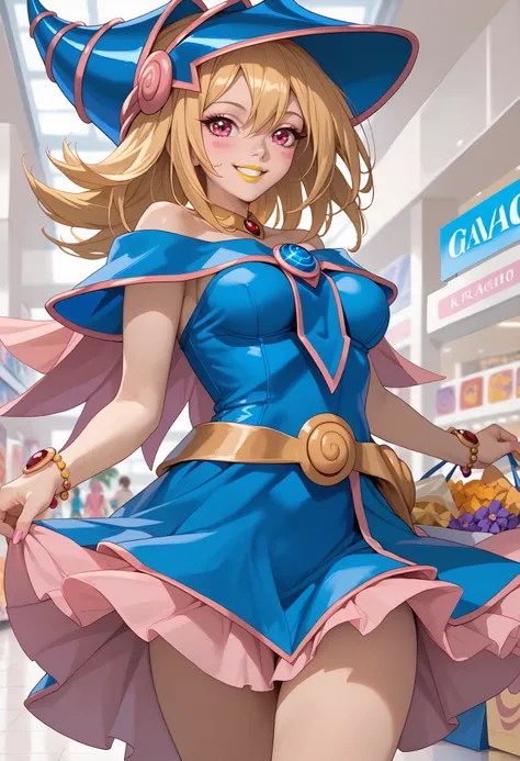 woman, anime style, yellow lipstick, large breasts, blonde hair, pink highlights in hair, pink eyes, cheerful smile, focus on character, looking at viewer, open arms, shopping mall, convention, fantasy, Dark Magician Girl costume, Dark Magician Girl, Yu-Gi...