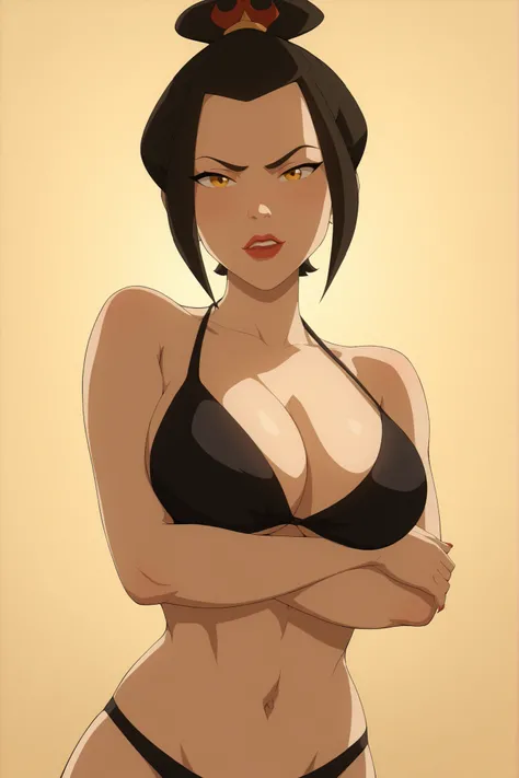 Azula from Avatar would be , golden eyes, breasts in sexy and erotic black bikini hips, black bikini hips,Sexy and erotic girl , beautiful and sexy body, pronounced and striking bust, focus from below, sensual pose, with arms crossed under the breasts, bi...