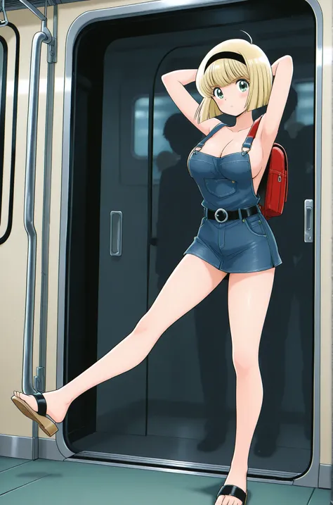 High quality kicking the door、Attention to detail drawn from behind、Hosokawa Miki's Early Outfit、Wear only denim overalls directly on bare skin、(Bare skin underneath denim overalls、The shoulder straps are black and the back is crossed)micro mini skirt, red...