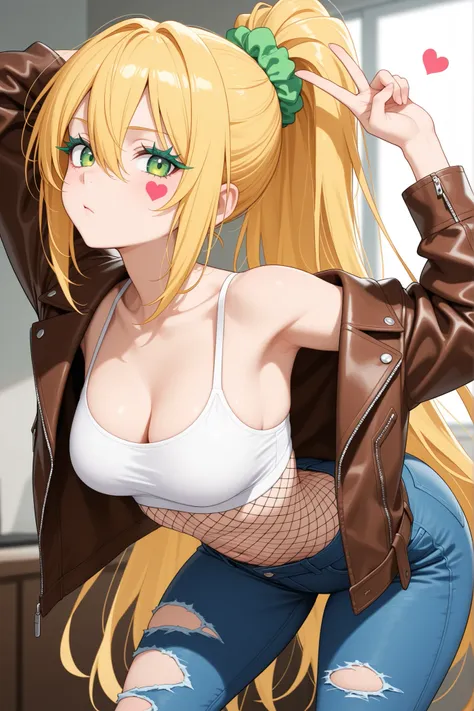A blonde Girl,extremely Long hair,Hair between eyes,high ponytail,Green scrunchie,Long eyelash,Green eyes,mini Heart tatto on cheek,bored expression,medium breasts,Brown leather jacket,anime_2D,,Blue denim,a raised arms,crossed fingers,Movement Flames and ...