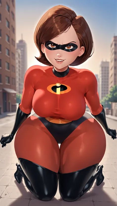 score_9, score_8_up, score_7_up, 1girl, helen parr,solo,brown hair, short hair, domino mask,red bodysuit, black gloves, black thigh boots, looking at viewer, smile,all fours, large breasts, sideboob, wide hips, thick thighs, Dynamic pose ,full body, outdoo...