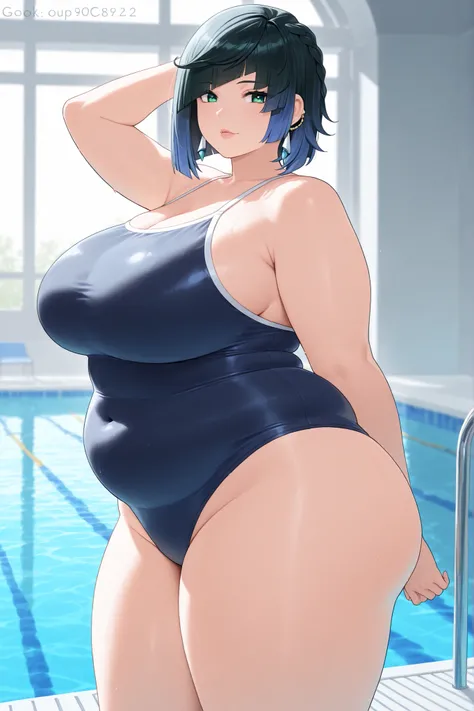score_9, score_8_up, score_7_up, score_6_up, BREAK source_anime, look at viewer, rating_safe, 1girl, solo, masterpiece, best quality, high detailed skin, yelan \(genshin impact\), competition school swimsuit, pool, chubby, chubby girl, curvy, large brea...
